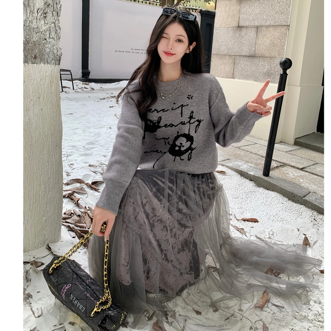 3493大码女装卡通趣味涂鸦版圆领套头毛衣女2856