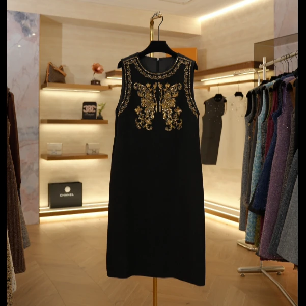 【J】新中式重工钉珠无袖背心轻奢气质宽松中长裙JJ046