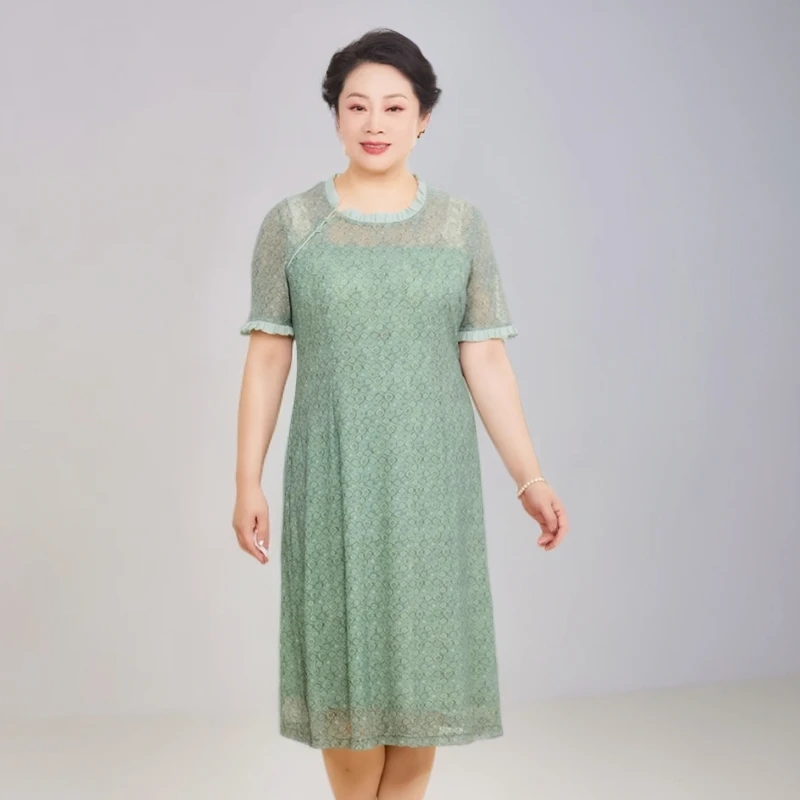 胖太太大码女装夏装新品时尚木耳边蕾丝短袖中长连衣裙325201841