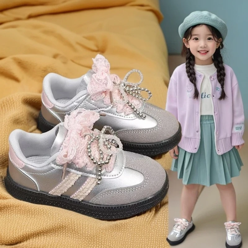 女童软底运动鞋银色鞋子德训鞋蕾丝系带公主板鞋魔术贴透气休闲鞋