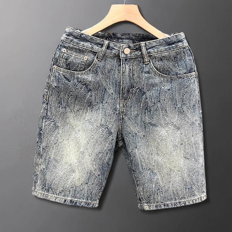 做旧花色牛仔短裤男士夏季水洗高街重磅街头痞帅五分裤直筒男中裤