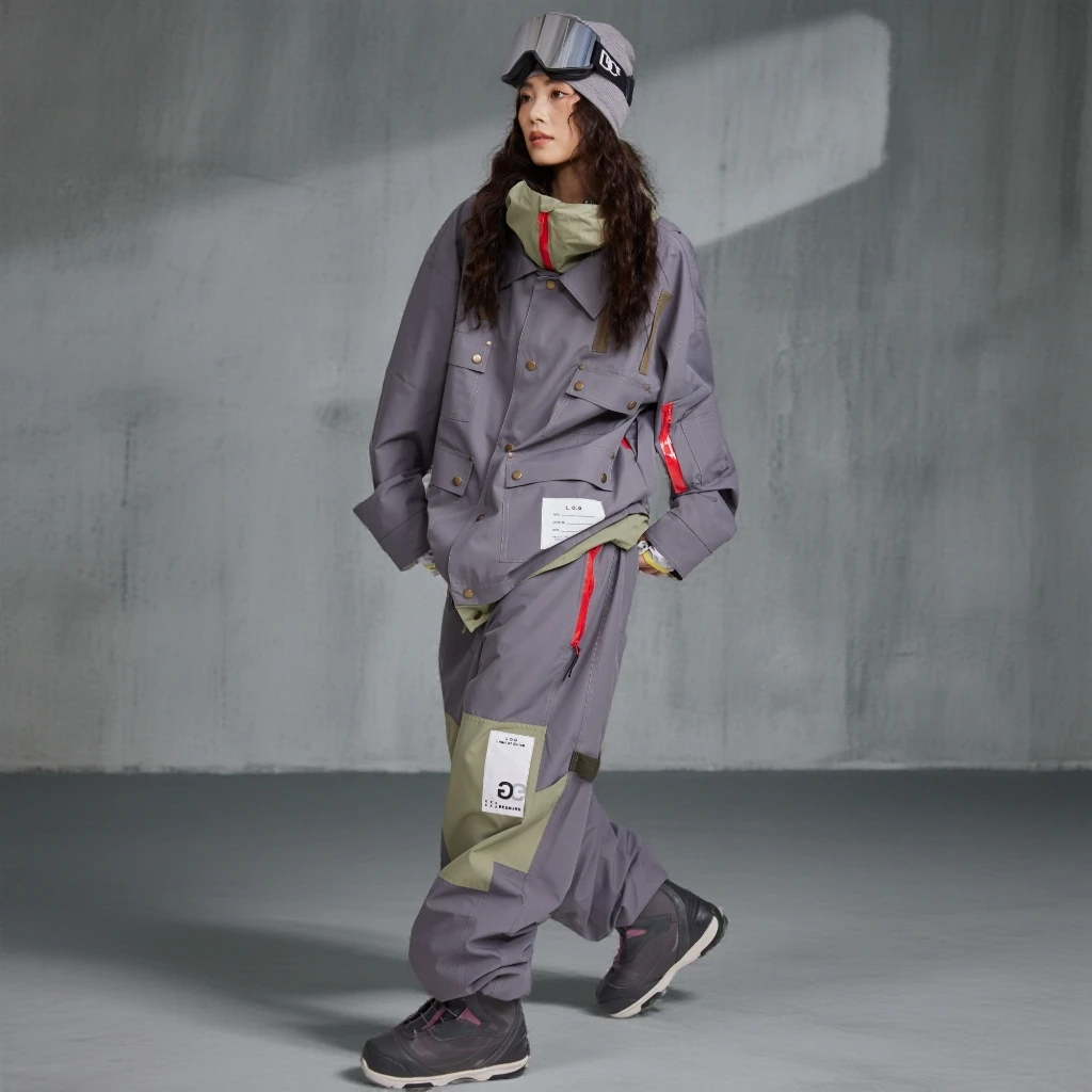 25/26NG1工装灰 工装风LOG滑雪服防风软壳连帽宽松拼色套装