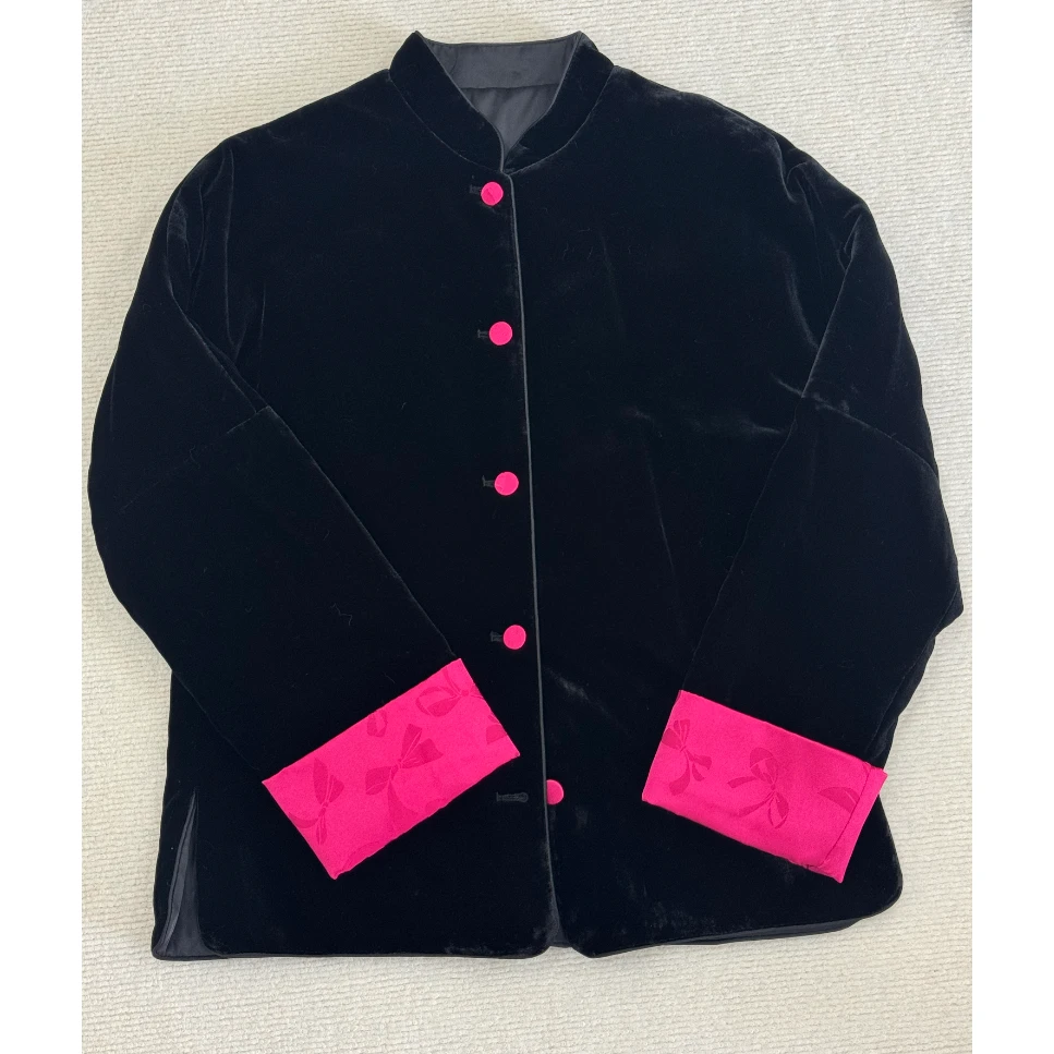 ES.周七新中式国风真丝丝绒红饼扣红袖棉服外套SZWH1005