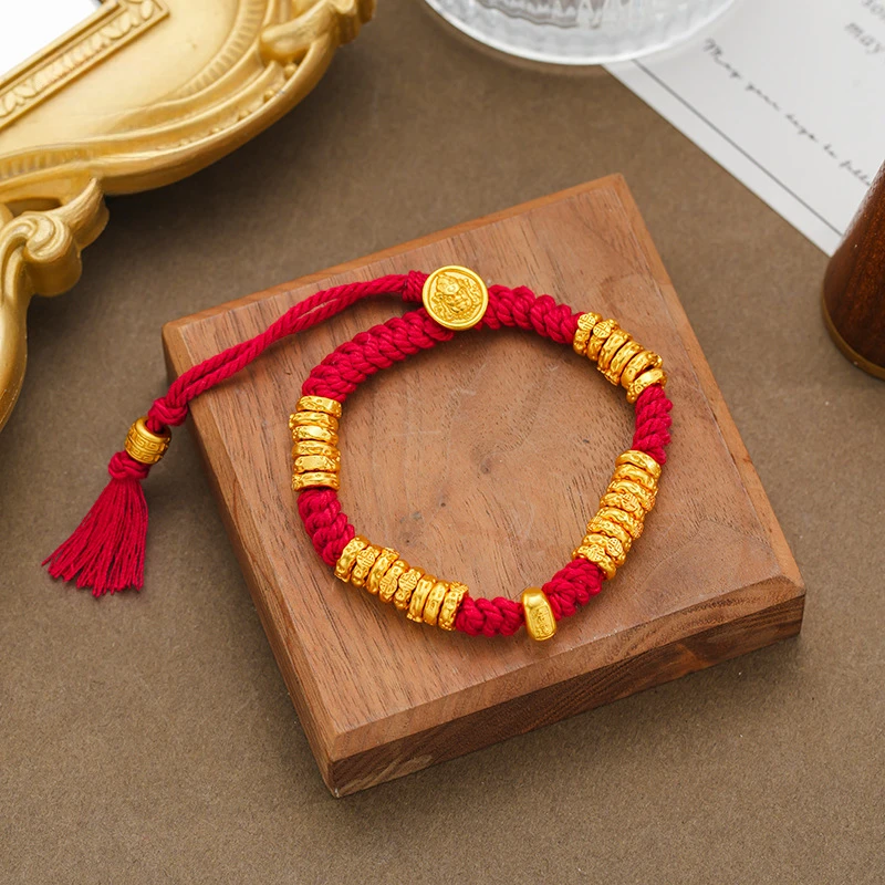铜合金手链 新中式古法手镯多元素福字牌盘缠锤纹高级红绳手饰女
