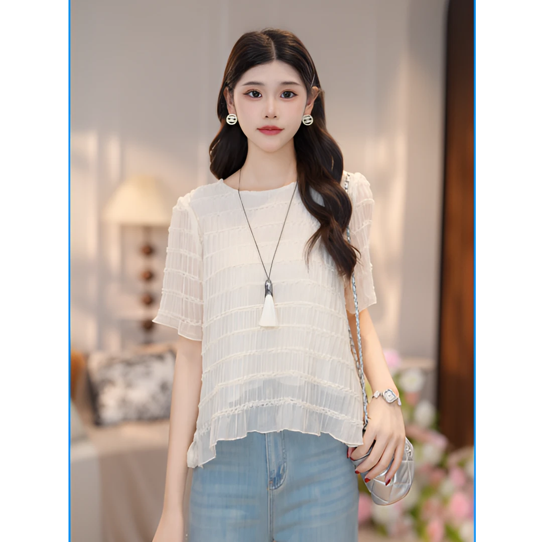 马克华菲女装2025夏季欧若风气质时尚百搭圆领压褶短袖上衣休闲 v