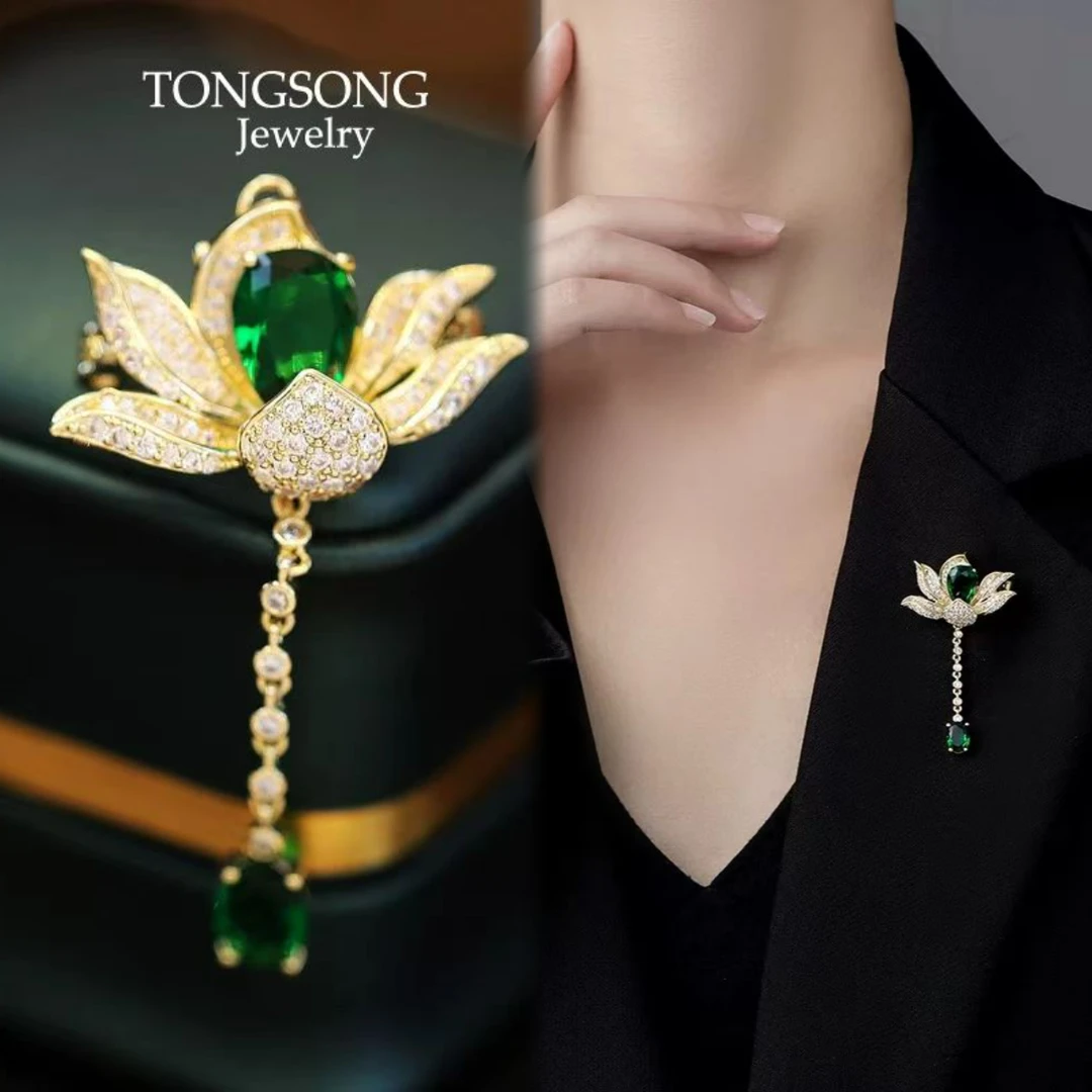 铜合金合成锆石胸针 【88557】步步生莲流苏时尚气质百搭轻奢胸针