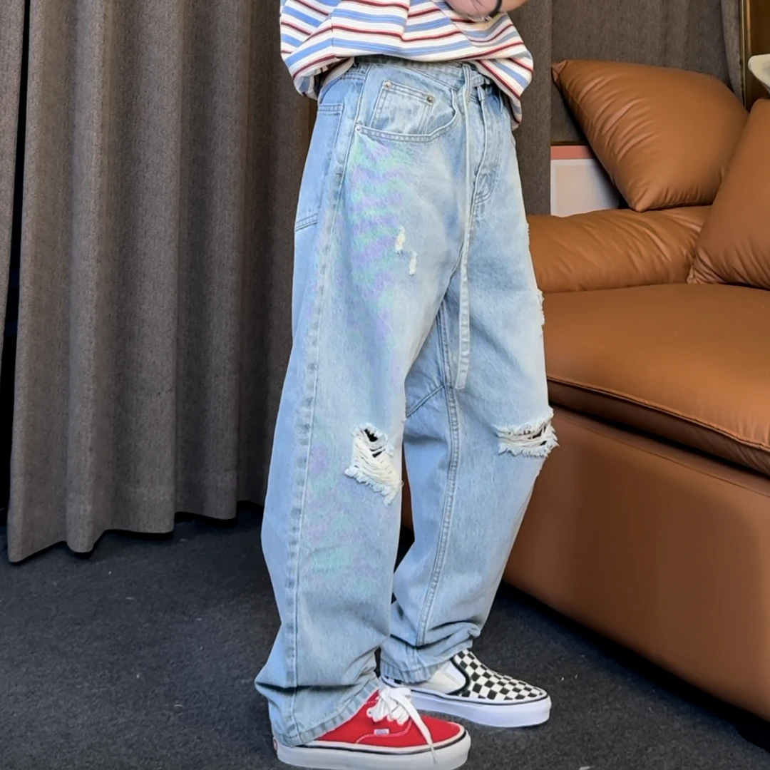 ST【8012冰美式系列】复古12.5oz破洞水洗宽松弯刀裤牛仔男女牛仔裤