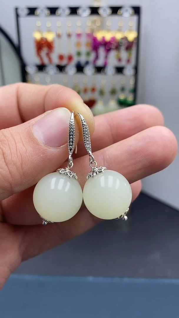 【闪购商品】和田玉耳饰银S925镶嵌C尺寸16mmW1