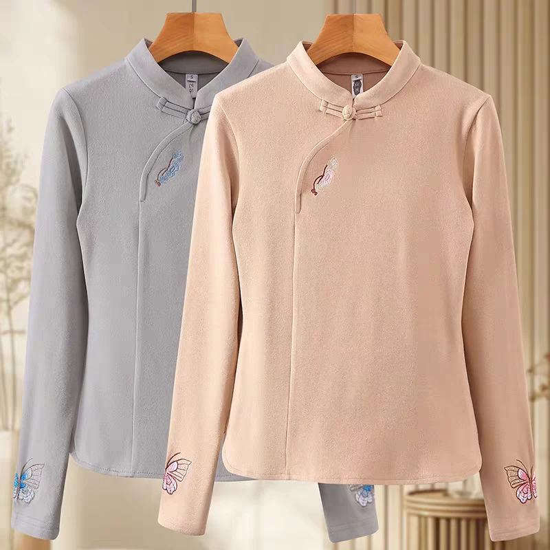 高端新中式女装国风刺绣上衣冬季立领修身保暖长袖德绒打底衫女