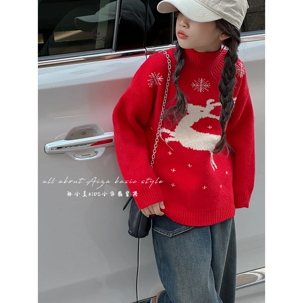 K22190圣诞节半高领女童毛衣儿童红色针织衫2025秋冬装大童打底衫
