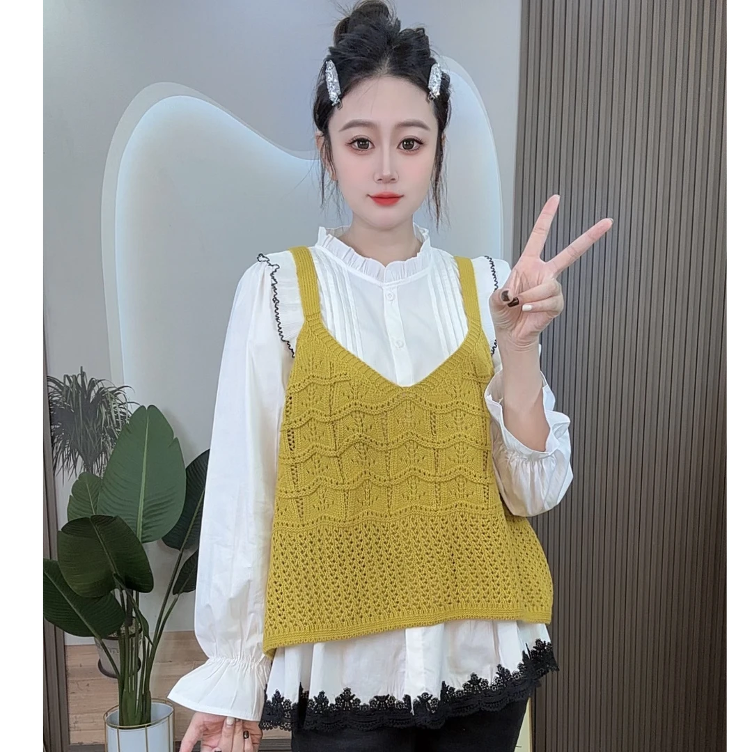 【柚柚】秋季韩版时尚轻熟风花边百搭上衣针织减龄马夹套装