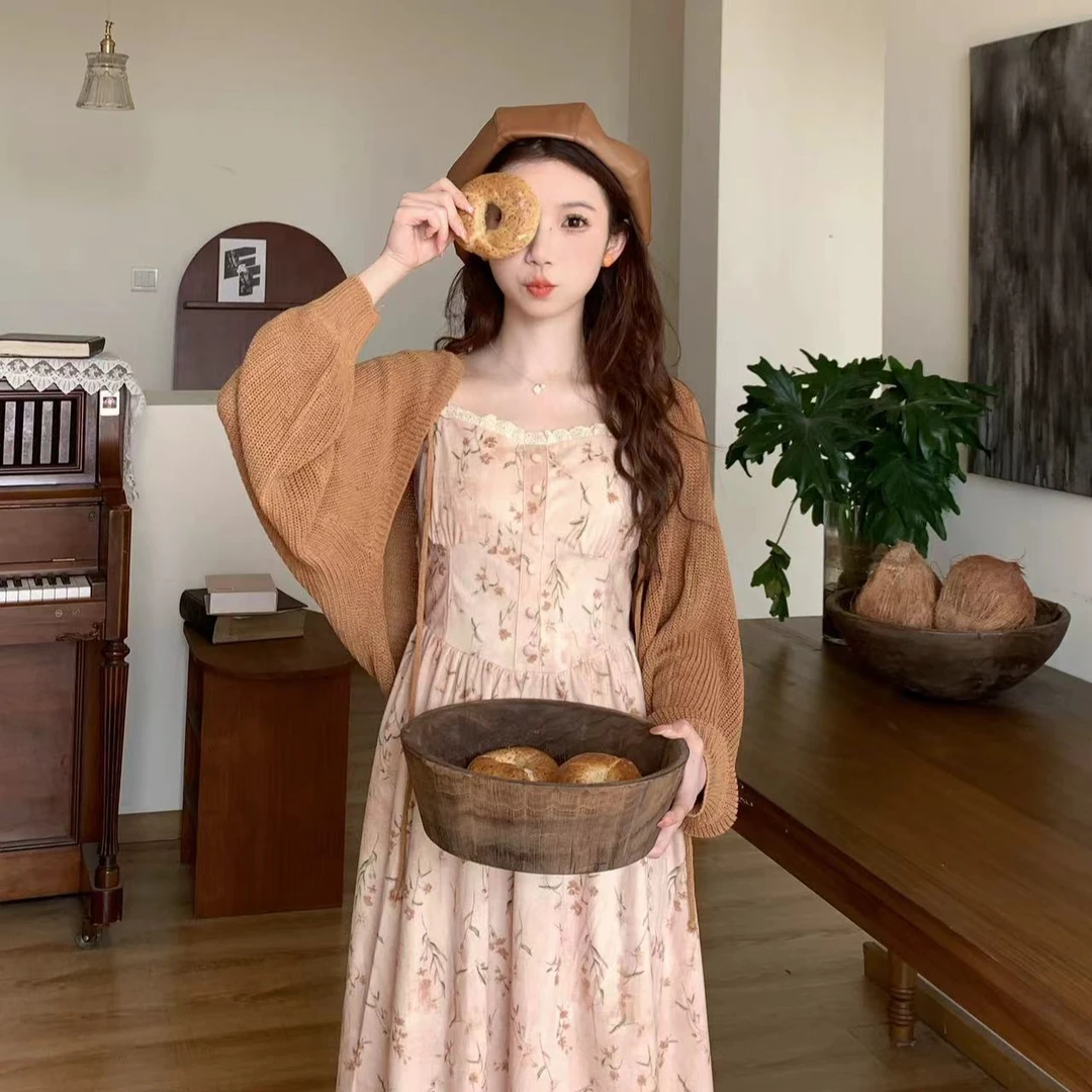 【正】【秋冬厚款】法式碎花吊带连衣裙针织开衫两件套女时尚套装