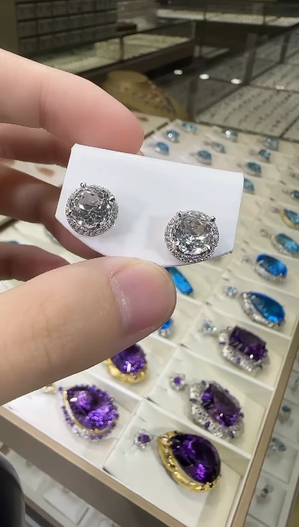 银S925镶嵌耳饰水晶10mm玫瑰耳钉