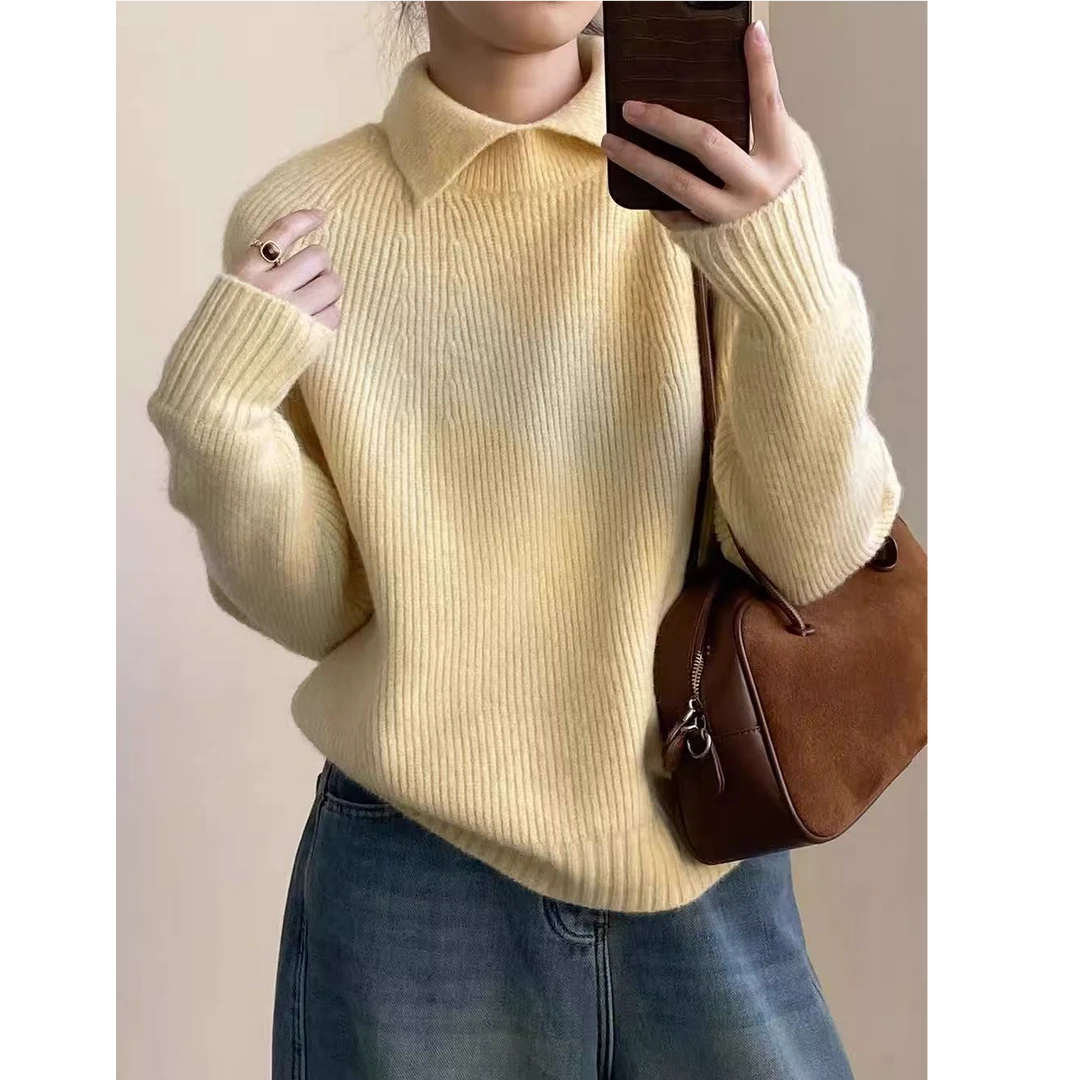 软糯翻领长袖针织毛衣女秋冬新款设计感减龄宽松休闲套头打底上衣