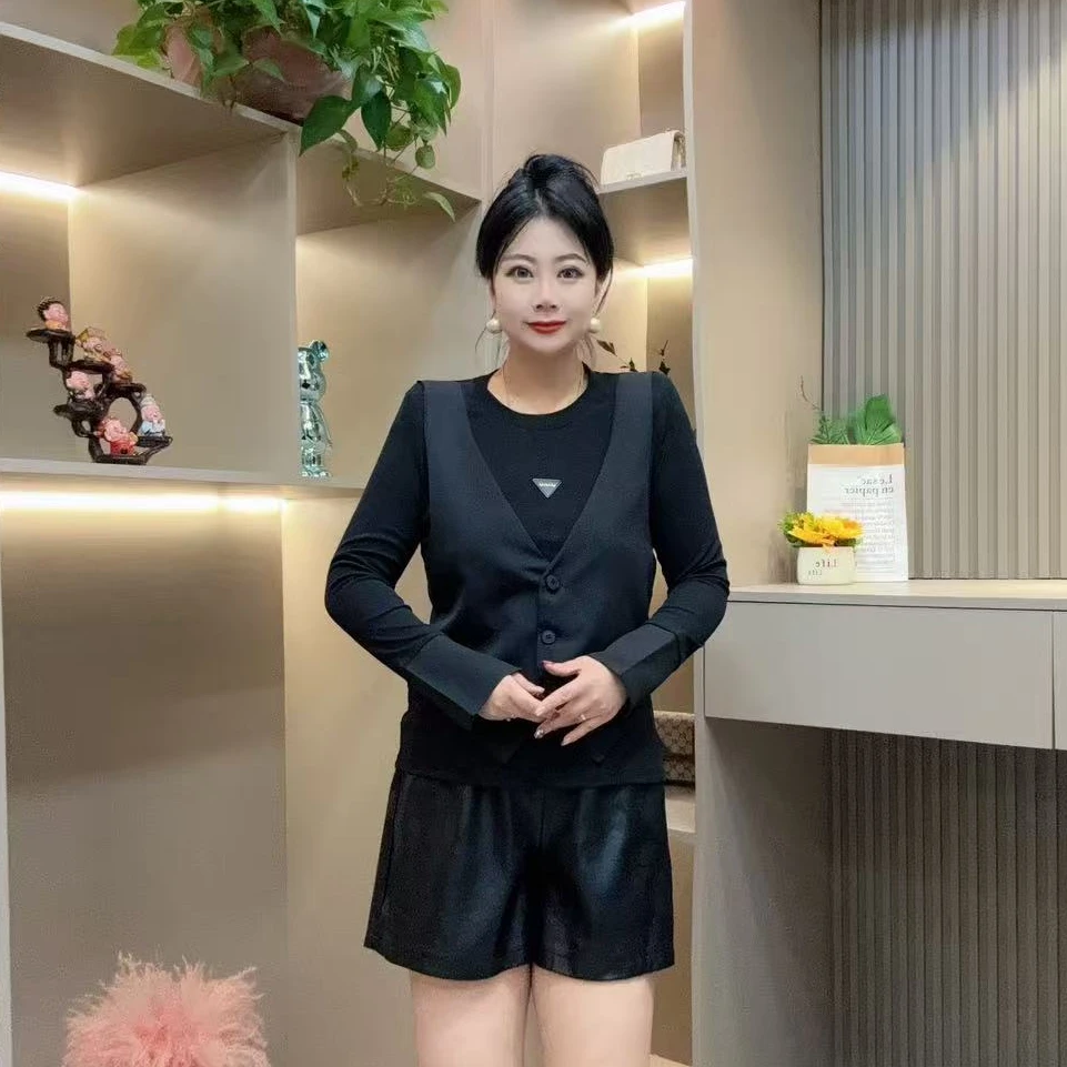 秋季上衣-酷 3569秋季大码时尚百搭新款轻奢风拼接马甲假两件上衣