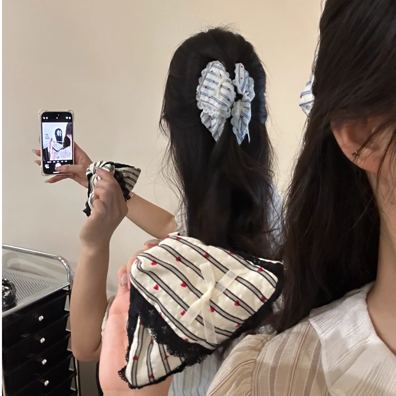 元气满满韩系ins甜美少女心蝴蝶结抓夹条纹蕾丝边鲨鱼夹简约百搭