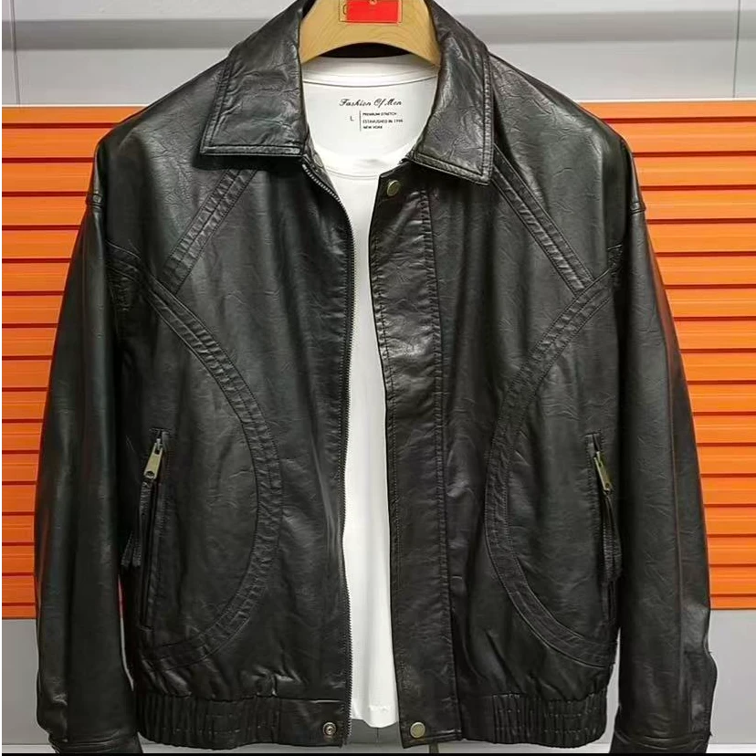 新款高品质男士翻领休闲皮衣夹克