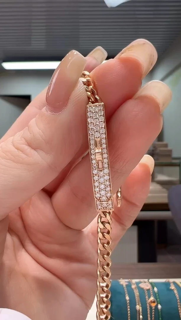 【闪购商品】钻石手链18K金镶嵌满钻古巴手链K红