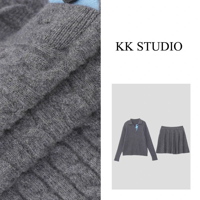 淇老板KK Studio秋季新款学院风针织上衣+百褶毛织裙9501