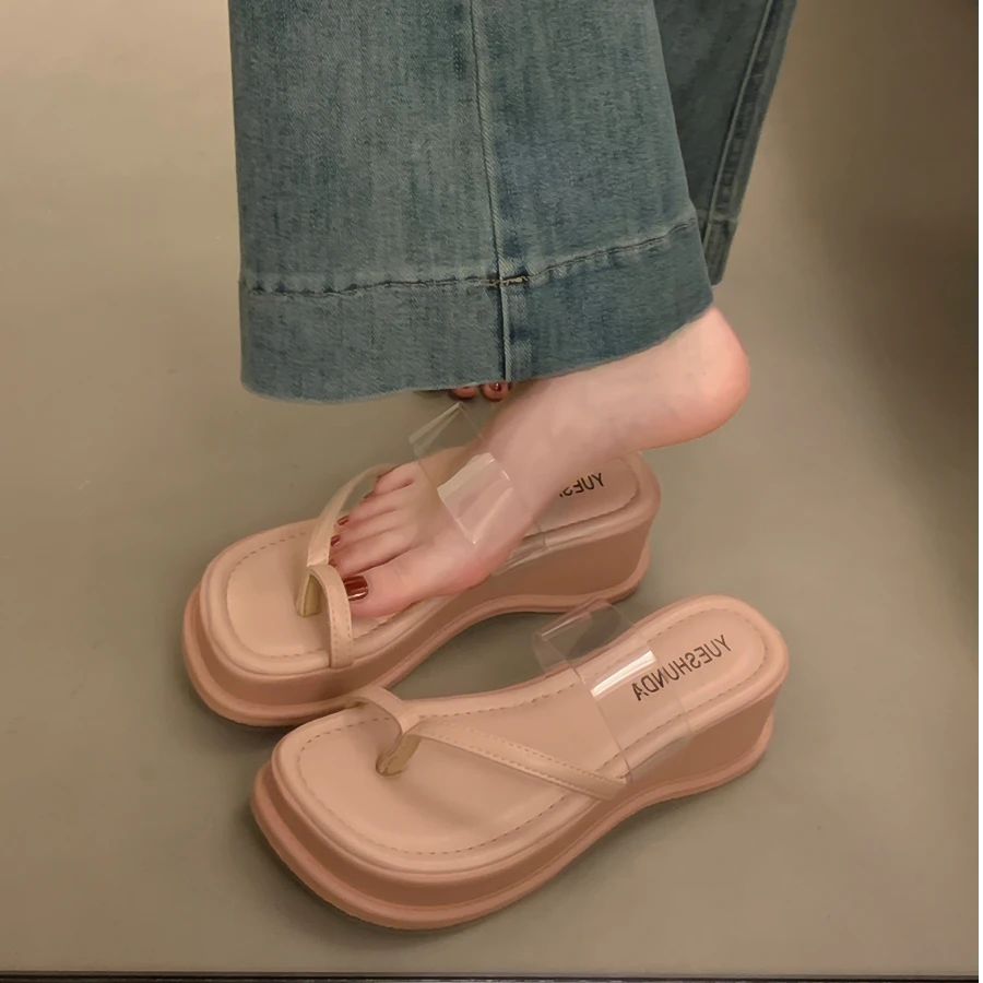 透明坡跟凉拖鞋女2025夏季新款外穿露趾厚底夹脚人字拖法式高跟鞋