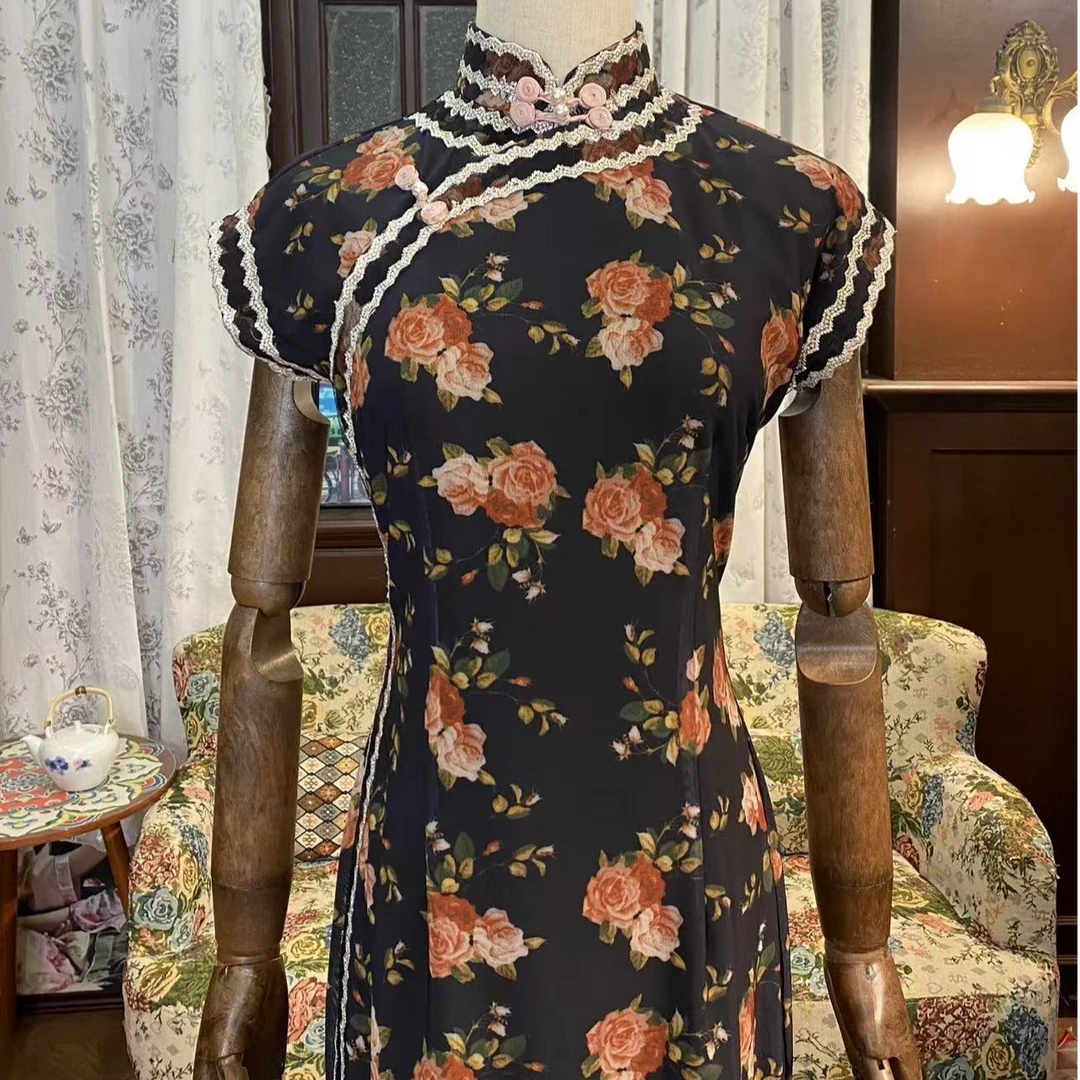 锦笙 |花袭130黑色2025新款旗袍裙改良年轻款少女高级感日常可穿