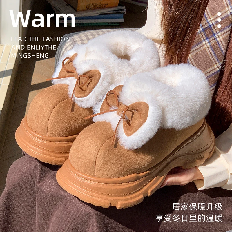 2025新款蝴蝶结雪地靴女室内加绒加厚时尚外穿保暖毛绒包跟棉拖鞋