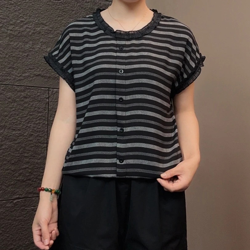 2025夏季荷叶边薄款冰爽条纹显瘦小衫幂式穿搭百搭短袖