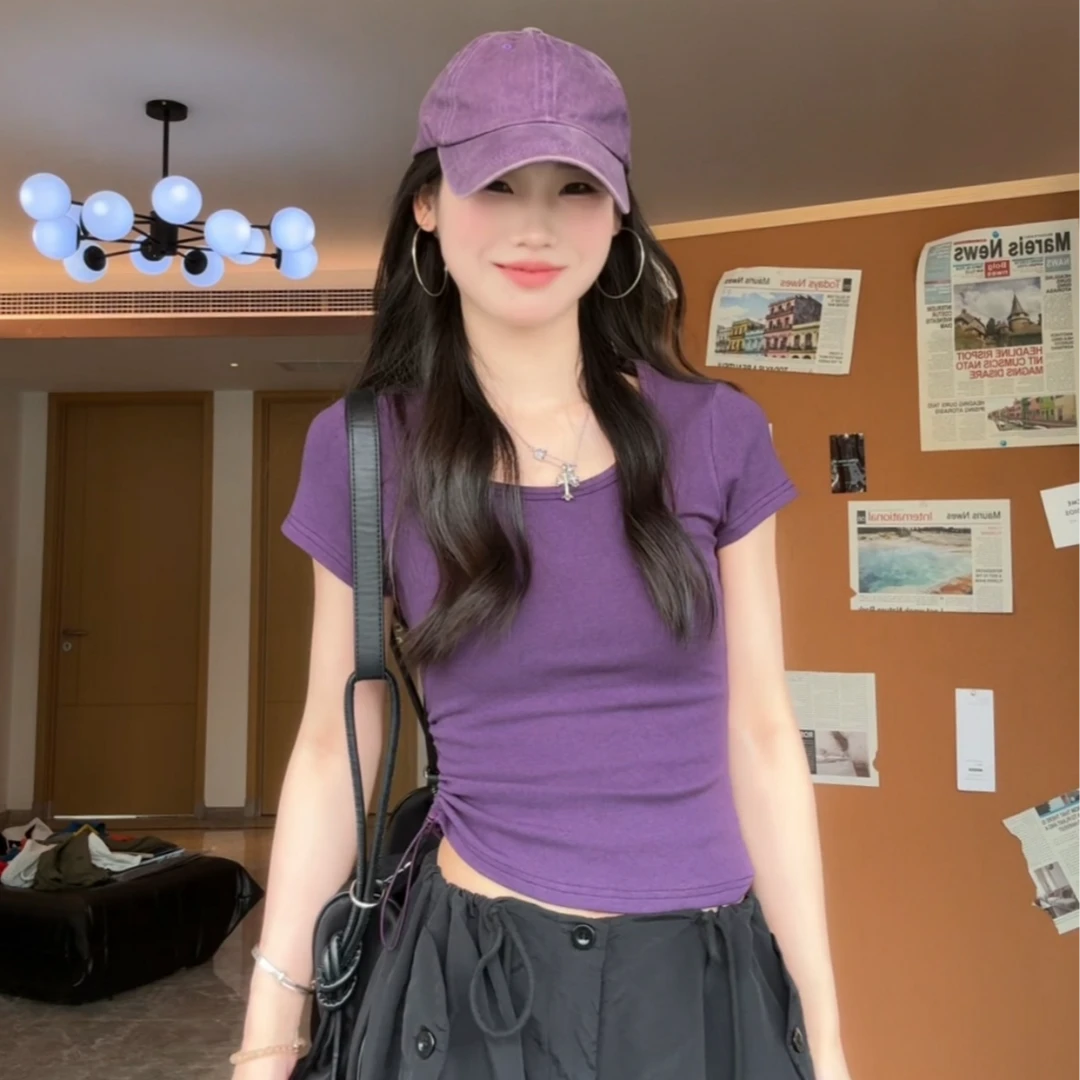 夏春茶高密棉纯欲辣妹U领T恤女侧抽绳设计感高弹2025新款上衣短袖