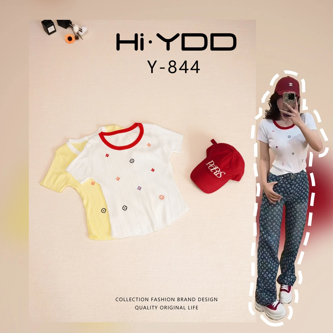 YDD•「Y-844」夏日甜美度假风刺绣撞色针织短袖上衣HS-621