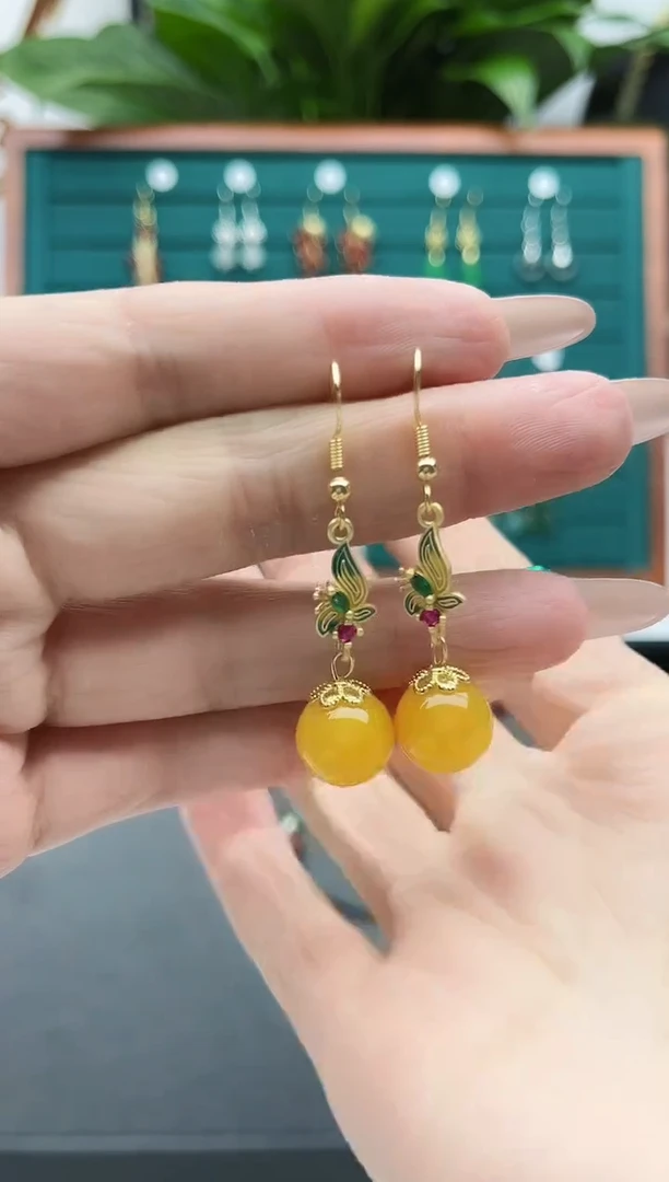 【闪购商品】玛瑙/玉髓耳饰银S925镀金镶嵌10黄玛瑙