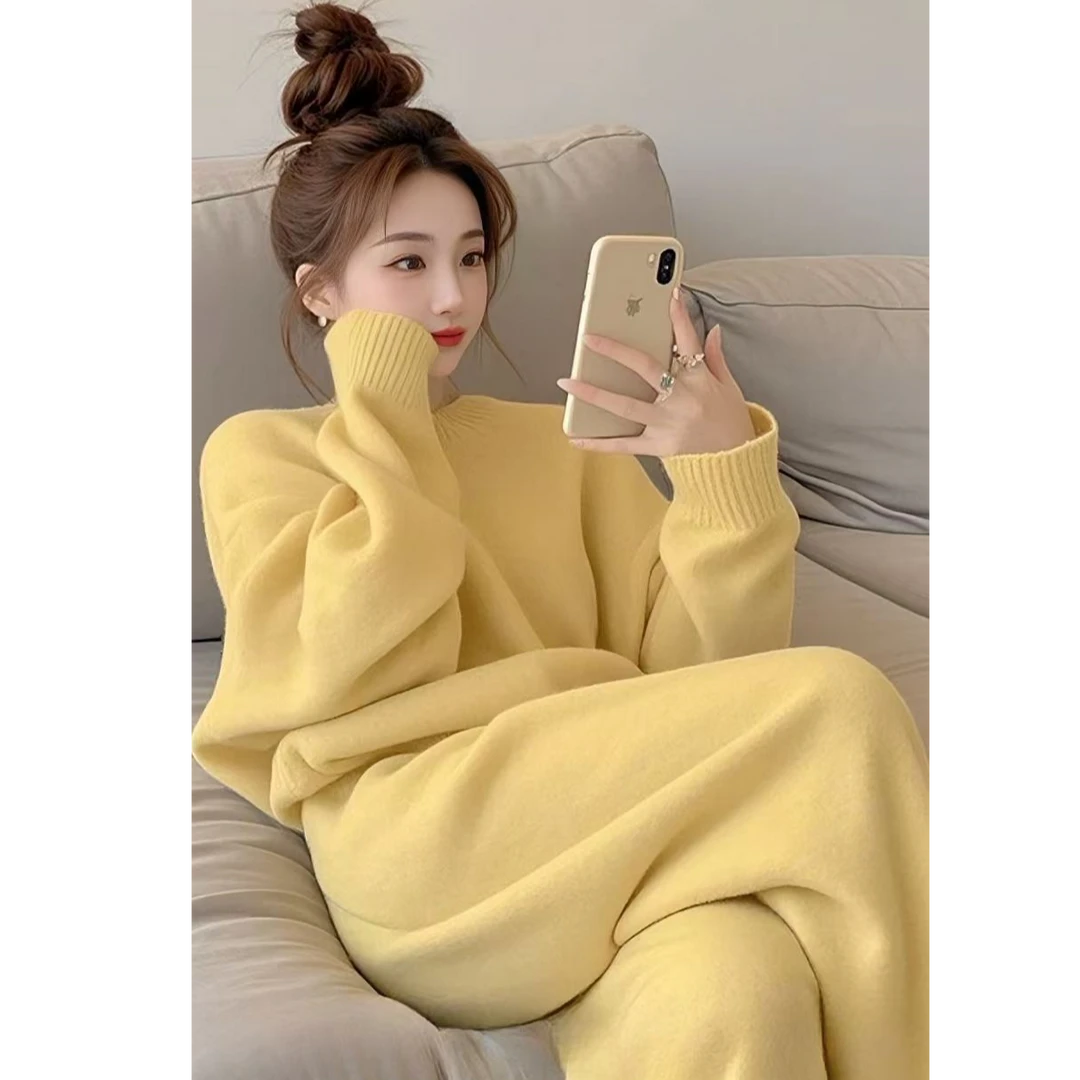 一整套温柔系穿搭春秋高级感韩系慵懒松弛感奶黄色高领卫衣套装裤