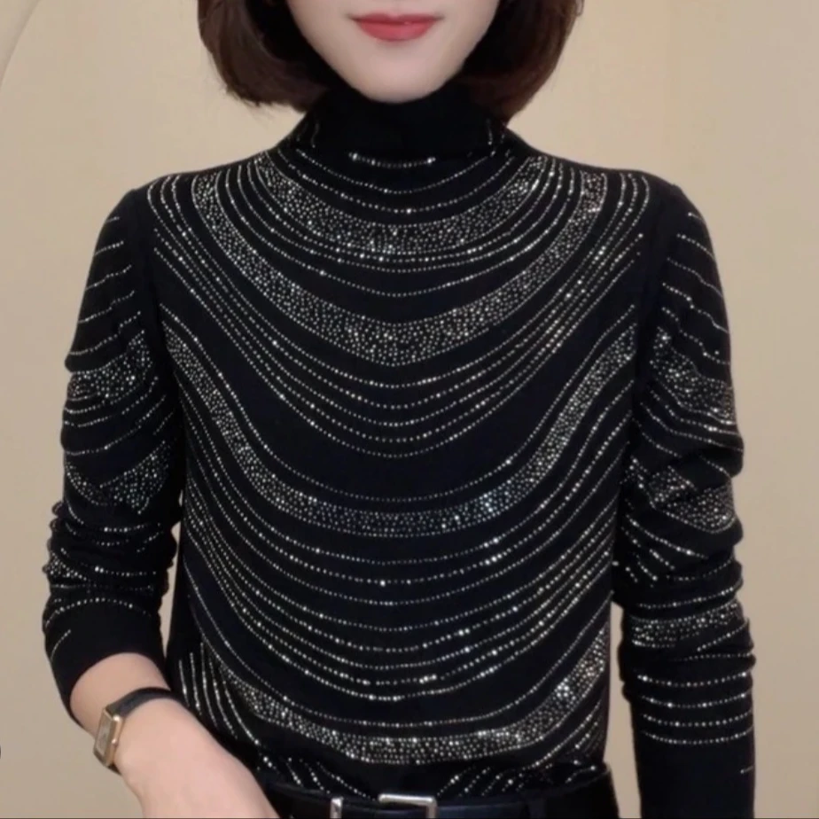 冬季新款烫钻德绒奥绒显瘦洋气时尚百搭长袖女士上衣简约修身小衫