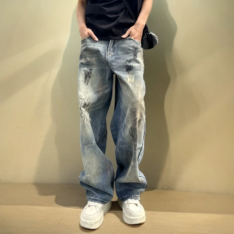 秋季潮流扎染阔腿牛仔裤男2025新款美式复古宽松直筒长裤