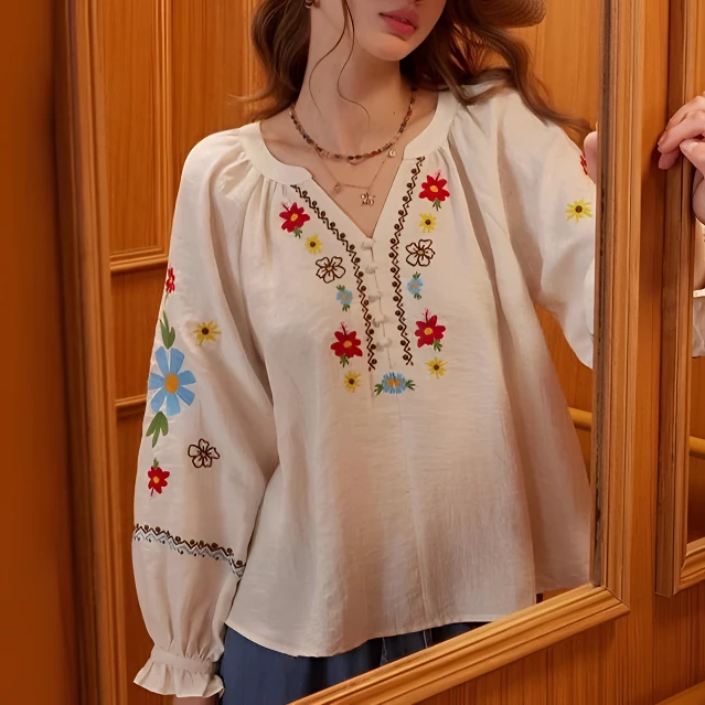 2025秋冬大码女装胖mm棉麻衬衫女宽松显瘦刺绣花朵上衣防晒空调