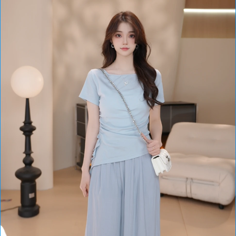 Basic House/百家好25年时尚短款轻奢百搭显瘦不规则小众T恤CSM