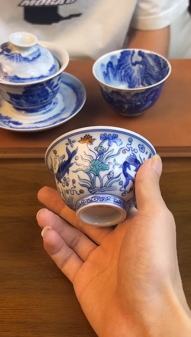 问青坊纯手工手绘斗彩鱼藻柴窑压手杯