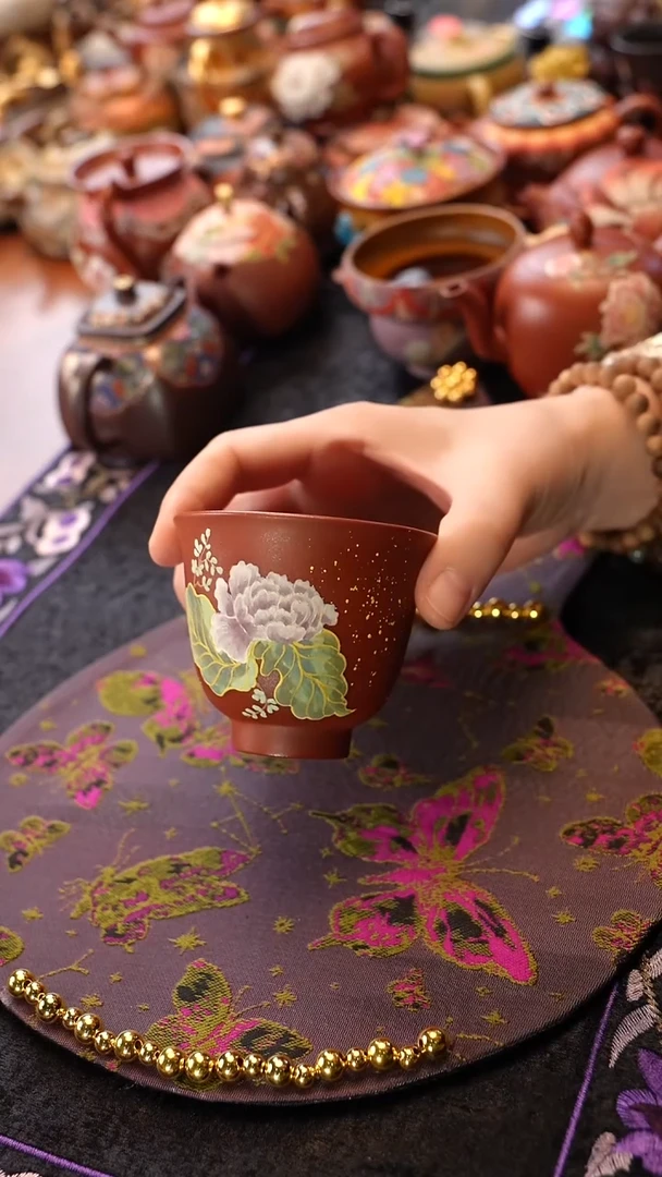 茶壶紫砂朱泥牡丹杯
