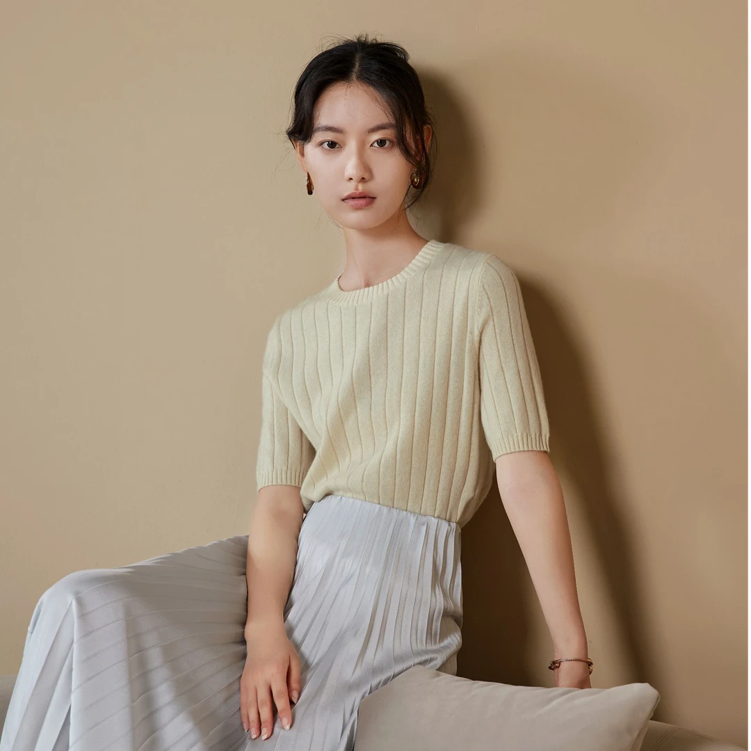 《粉丝专享》100%山羊绒衫女短袖针织百搭休闲302383-1