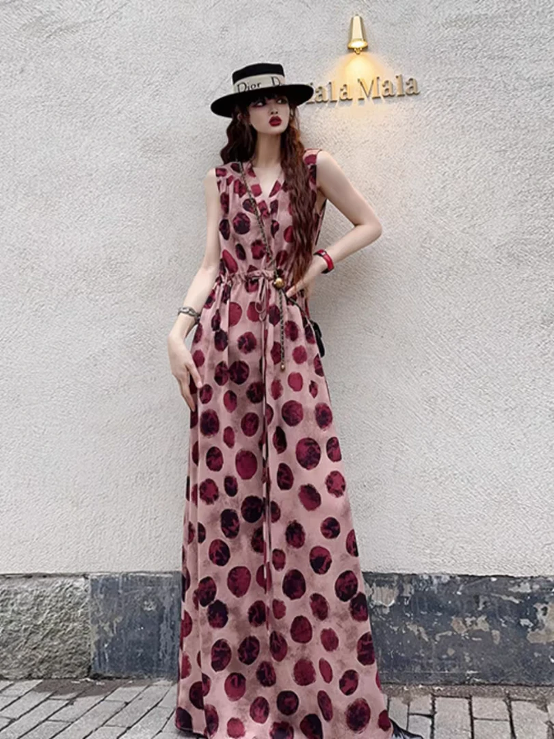 长裙套头波点简约通勤高连衣裙复古长款碎花收腰宽松无袖裙子