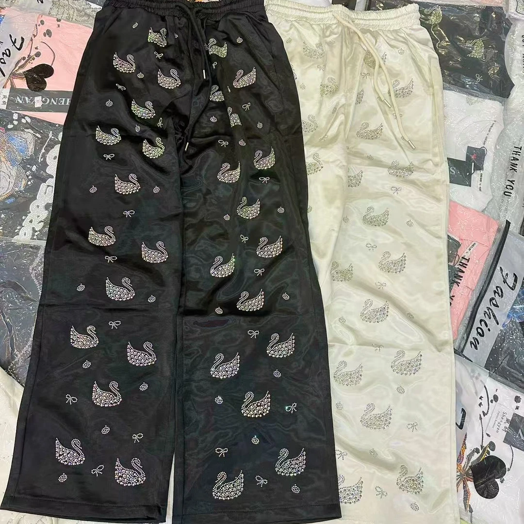 coco家时尚休闲百搭阔腿裤重工烫钻直筒设计师休闲百搭长裤225