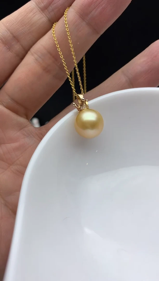 银S925镶嵌ff海水珍珠金珠吊坠(赠链）11~12mm