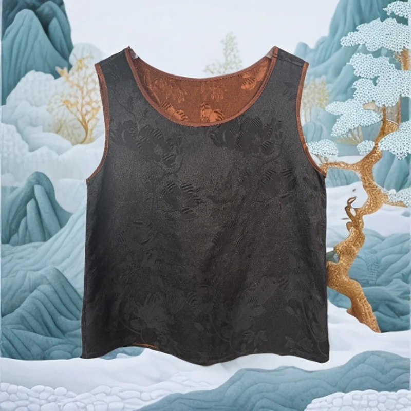 七七2025春款时尚烤皮牡丹百搭宽松黑色圆领背心54026-3