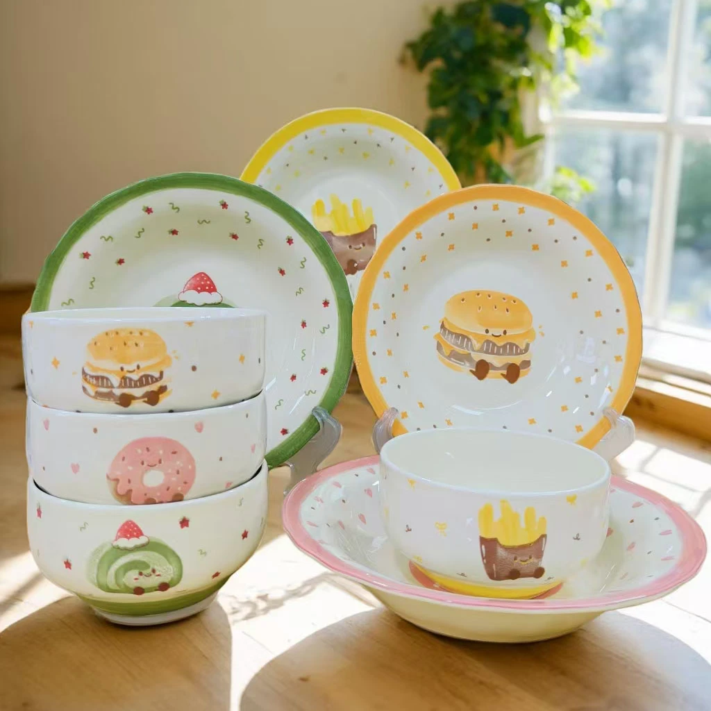 【8件套】清新风茶语甜心面包形饭碗菜盘稀饭碗餐具