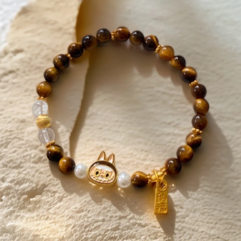 铜合金仿水晶手链 labubu新款手工虎眼石草莓金紫水晶手链手串