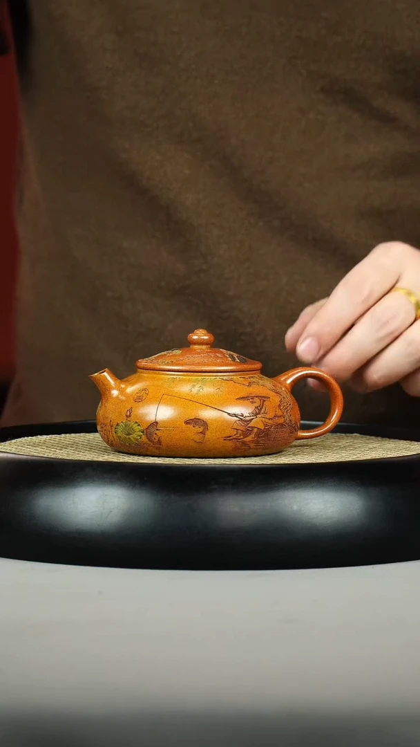 茶壶紫砂火云烧 寒江 彩刻 老者垂钓