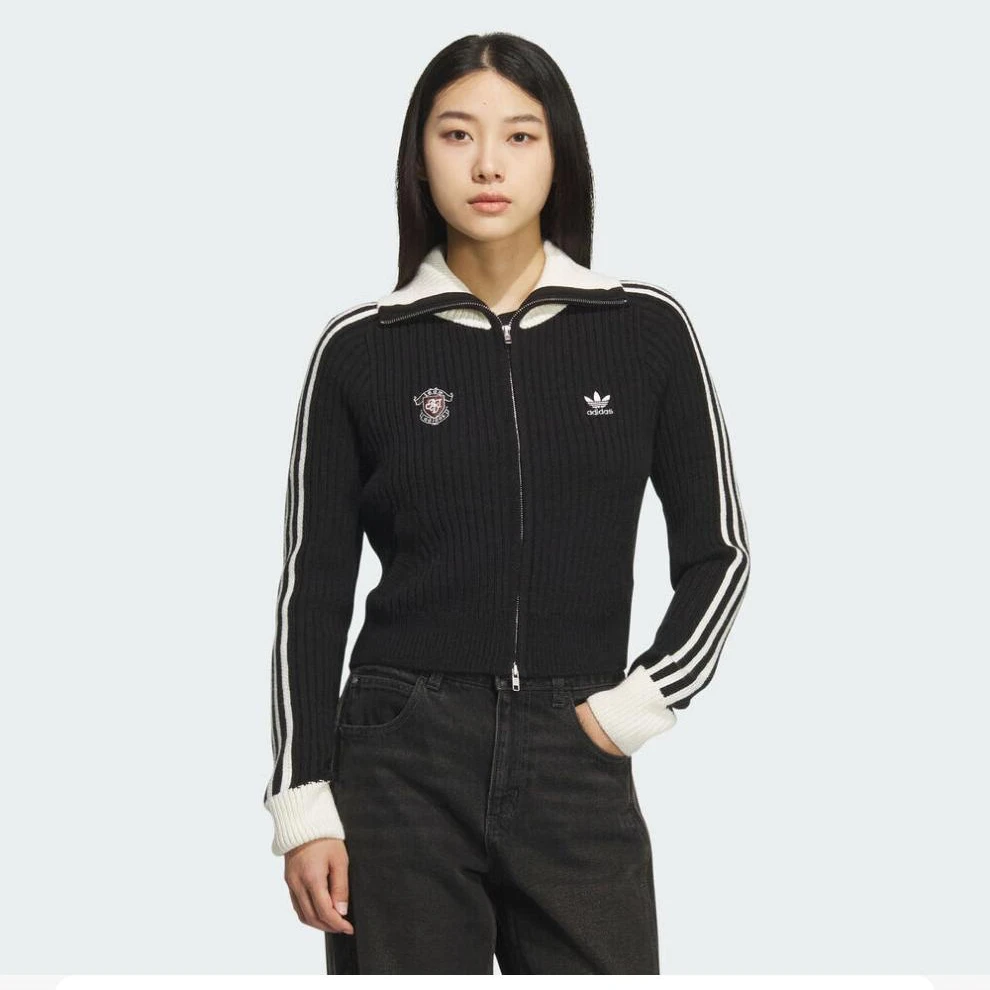 Adidas/阿迪达斯三叶草女子黑白时尚休闲毛线开衫KF0718