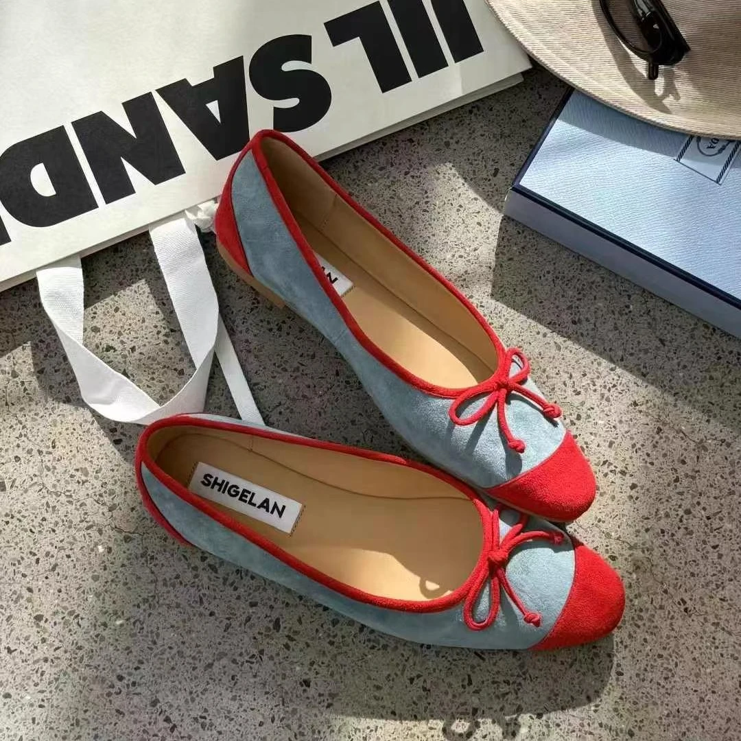 诗歌兰2025新款女鞋蝴蝶结芭蕾舞单鞋圆头浅口拼色一脚蹬玛丽珍鞋