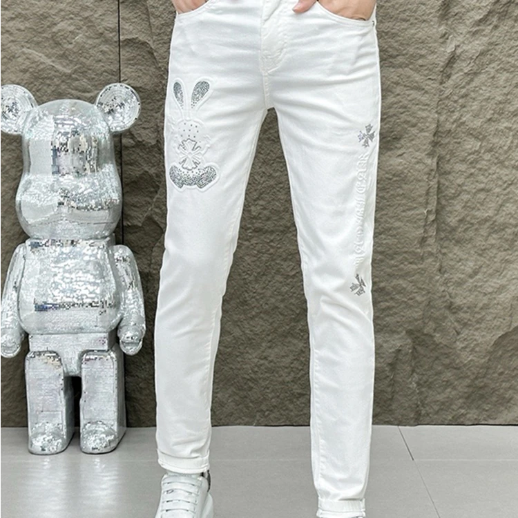 路约威格欧洲站男士夏季时尚潮牌压花烫钻潮流修身弹力小脚牛仔裤