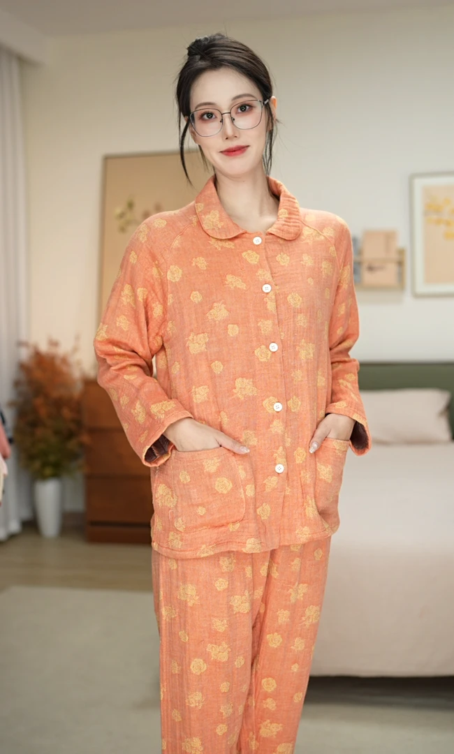 【花朵四层纱】秋冬新款全棉花卉四层纱加厚保暖长袖长裤睡衣套装