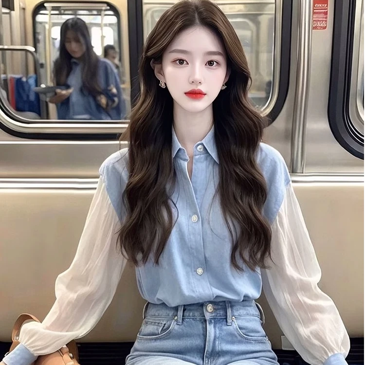 法式气质蓝色拼接长袖衬衫女2025春秋内搭外穿高级感别致上衣女